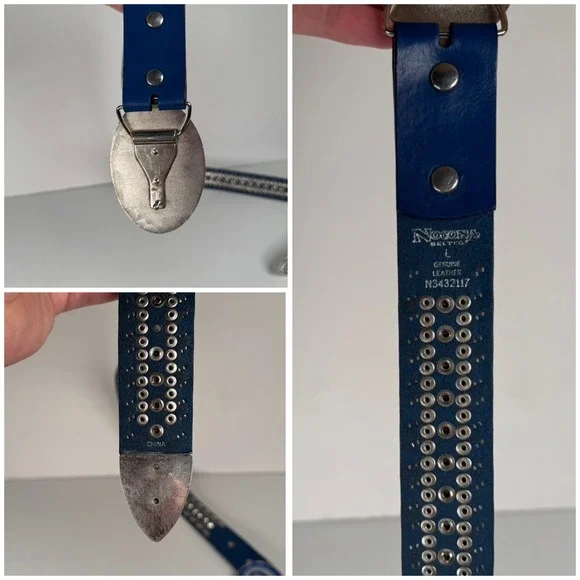 Nocona Genuine Blue/Silver Leather Western Belt Rhinestone Bedazzled Womens Y2K